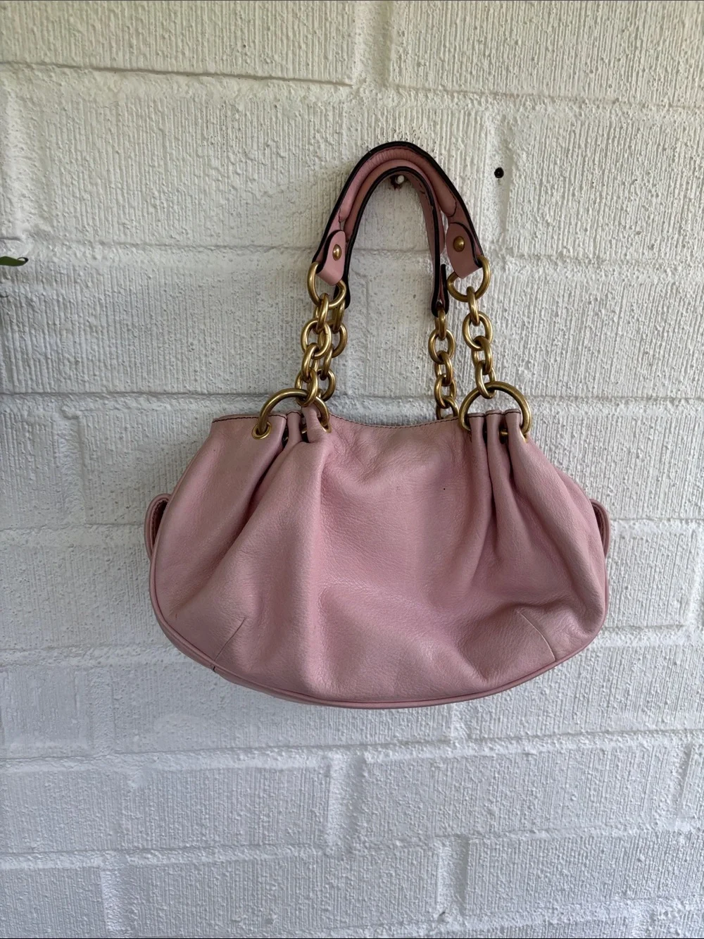 Juicy Couture Leather Vintage Soft Pink Shoulder Handbag with Gold Chain Details